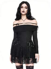 ROMWE Goth Off Shoulder Sexy Contrast Kant Zijkant Vetersluiting Super Korte Jurk
