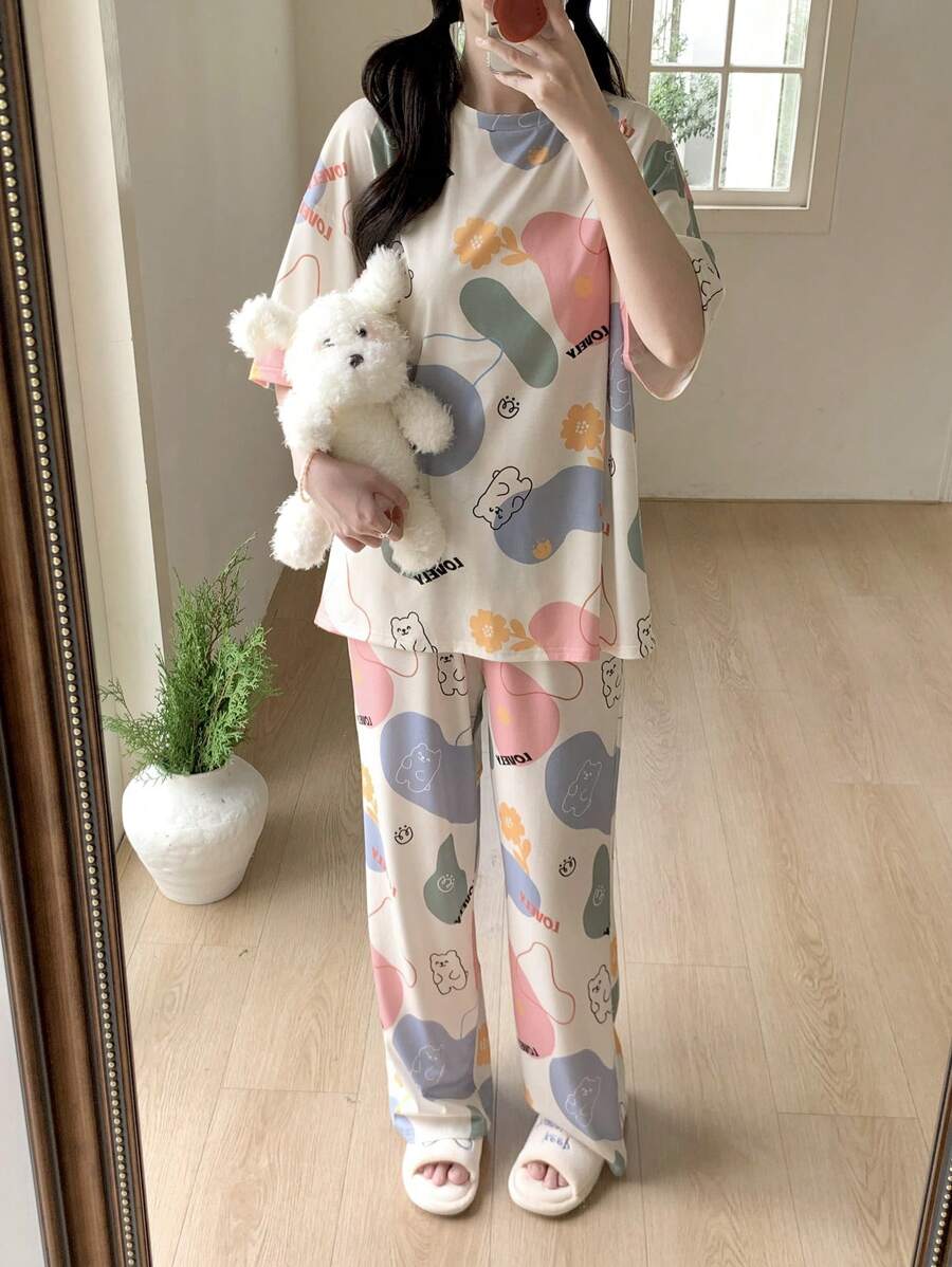 SHEIN 青少年女孩可爱拼色熊印花圆领短袖上衣和宽松裤子 2 件套睡衣套装 - 杏色 - 查看 1