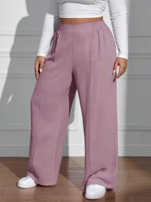 SHEIN EZwear Plus Size Plain Simple Fashion Pants, Suitable For Summer - Purple - View 5