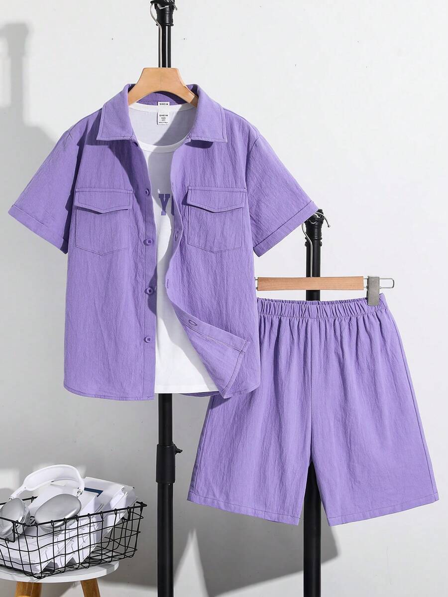 Ensemble 3 pièces pour préadolescents: polo violet et blanc, shorts à taille élastique, et débardeur imprimé de lettres sans manches. Convient pour les vacances d'été, les tenues décontractées et de sport