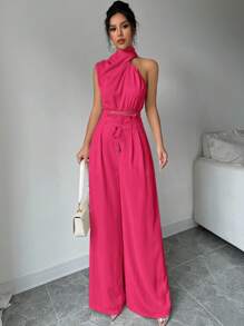 Firerie 2pcs/Set Women Turtle Neck Sleeveless Top And Wide Leg Pants - Hot Pink - View 5