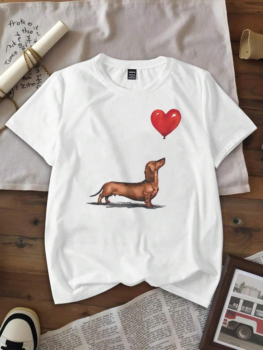 INAWLY Cute Summer Top With Dachshund & Floating Heart Balloon Print, Women Casual Round Neck Short Sleeve T-Shirt - White - View 1