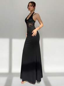 Aloruh Women's Elegant Black Halter Maxi Dress With Lace Detail And Mermaid Hem