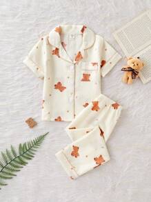 2pcs Young Girls Cute Bear Print Short Sleeve Top & Pants Loungewear Set, Casual & Comfy, Loose Fit