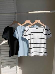 SHEIN EZwear Set da 3 maglie oversize a righe bianche e nere e di colore unito