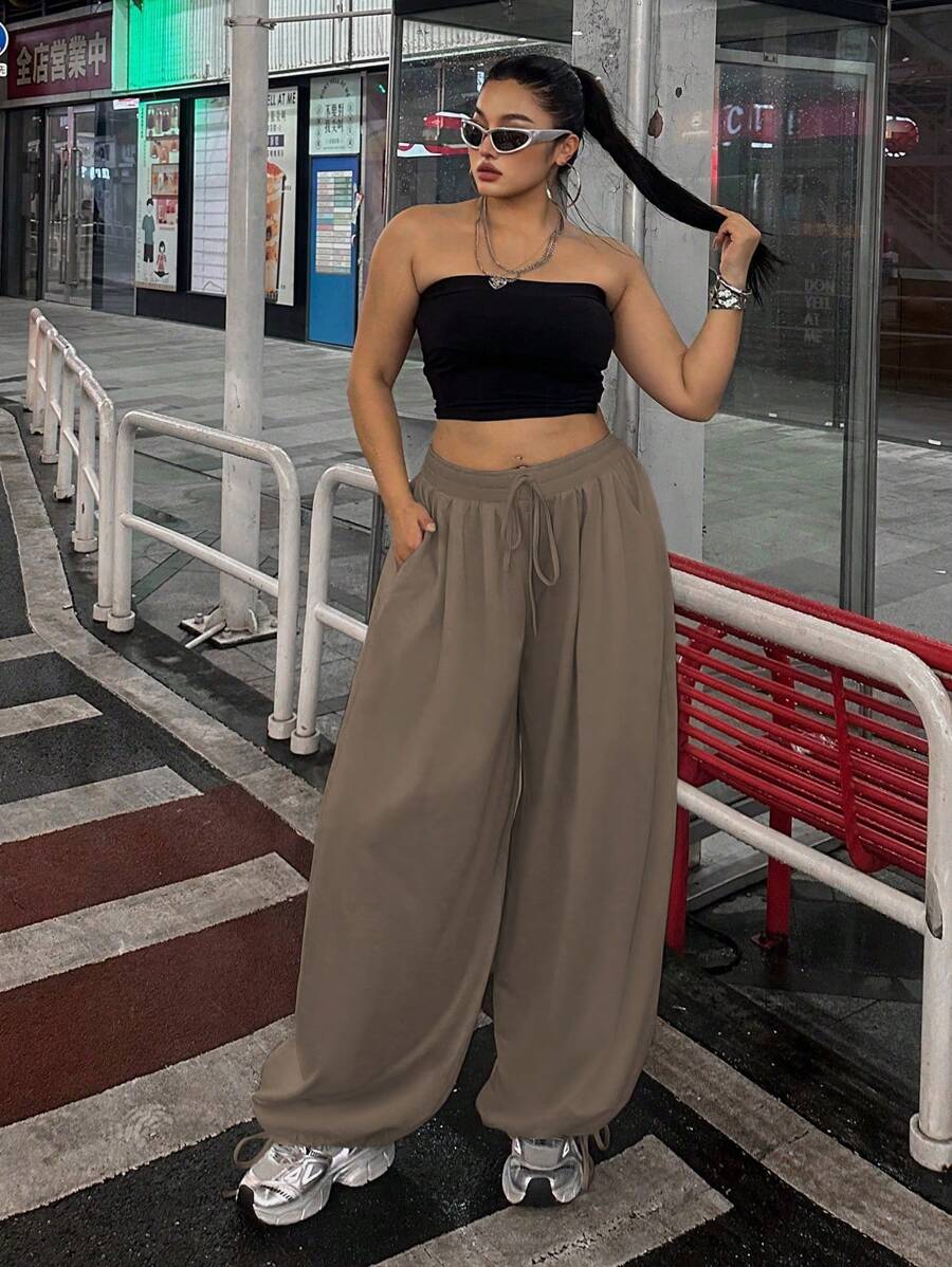 Flirla Plus Size Women Wide Leg Casual Loose Drawstring Pants For New Year Clothes - Coffee Brown - View 1