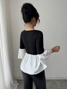 Elenzga Women's Commuting Minimalist Faux Pearl Decor Bell Sleeve Fashion T-Shirt - Black - View 2