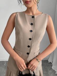 Modelyn Conjunto de 2 piezas para mujer compuesto por una chaqueta de cuello redondo sin mangas de unicolor y una falda plisada midi