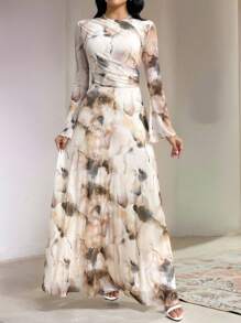 Veilorie Women's Tie-Dye Print Round Neck Long Sleeve Elegant Extra Long Dress Dresses For Women Elegant Women Formal