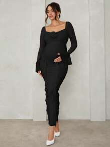 MaterniChic Elegant Floral Embellished Long Sleeve Pink Dress, Suitable For Casual Dates, Events, And Parties, Maternity Dress For Valentine's Day, Baby Showers