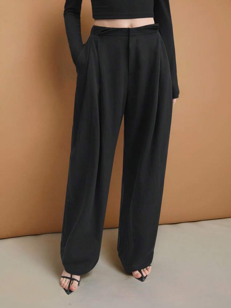 2025 New Arrival Urban Chic Black Pleated Front Design Casual All-Match Trousers, Fashionable Women Long Pants