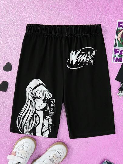 The Winx X SHEIN Tween Girl Tecknad Magic Princess Cool Mönster Svarta Bekväma Leggings