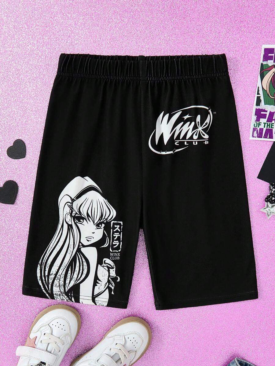 The Winx X SHEIN 少女卡通公主炫酷图案黑色舒适紧身裤