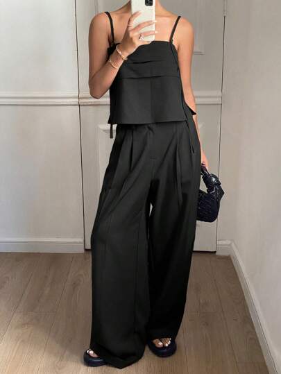 DAZY 2 件套女士复古风格纯色吊带背心和阔腿阔腿裤套装，春夏