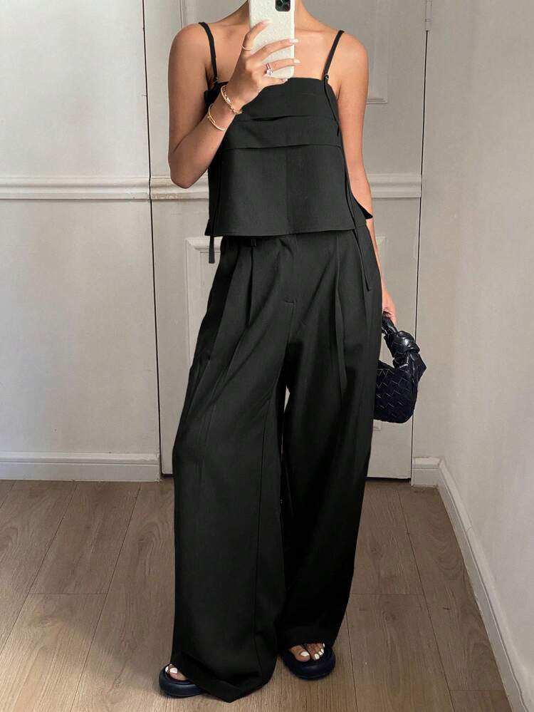 2pcs Women Vintage Style Solid Color Camisole & Wide Leg Palazzo Pants Set, Spring/Summer