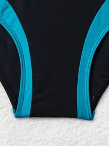 SHEIN 2 pièces Tenue d'été de plage pour femmes, maillot de bain une pièce style sport casual avec couleur unie et couleur contrastante bleu lac