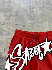 AXEPEAK 男士常规尺码字母和星星印花抽绳腰短裤，适合街头穿着 - 紅色 - 查看 3