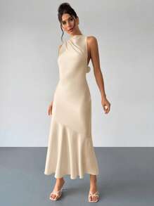 Firerie 缎面丝绸优雅露背吊带领荷叶边下摆长裙适合婚礼季、伴娘礼服、约会之夜、鸡尾酒会、毕业典礼、花园派对、度假等场合，凸显身体曲线，彰显个人独特魅力 - 卡其色 - 查看 6