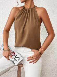 Firerie Summer Casual Solid Color Tie Neck Shirt - Coffee Brown - View 4