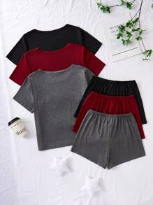 SHEIN 3 件套简约心形字母图案休闲短袖短裤睡衣套装 - 彩色 - 查看 3