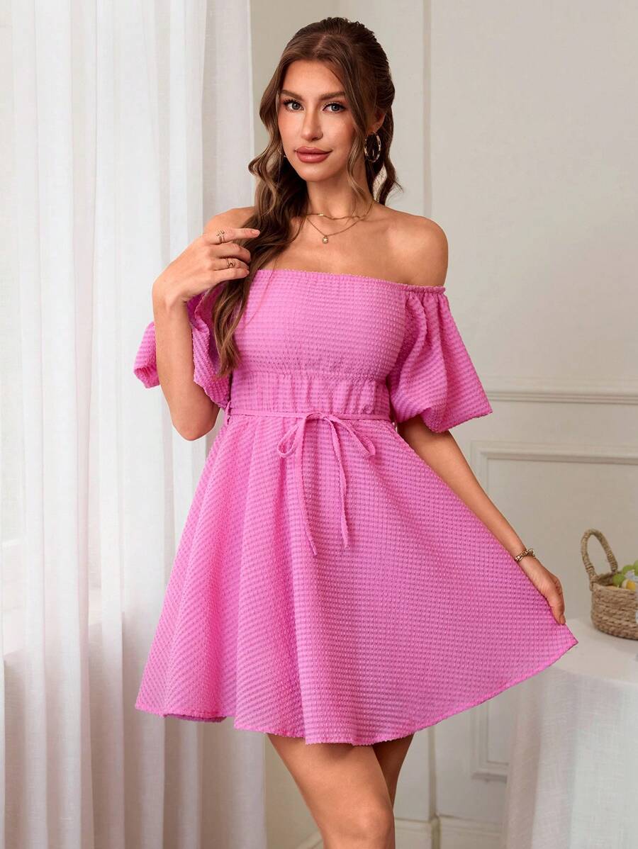 SHEIN VCAY Đầm mini trễ vai màu trơn tay bồng ngắn thời trang cho nữ, thích hợp cho kỳ nghỉ - Hồng - Xem 1