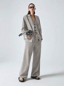 SHEIN EZwear 3 件套女士秋季办公室服装套装：浅灰色编织西装外套、背心和裤子，简约风格 - 淺灰色 - 查看 3