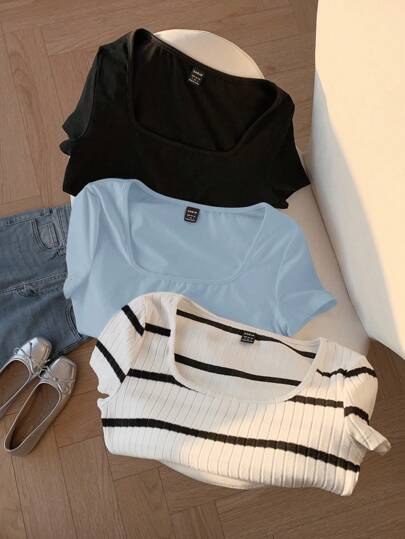 Comfortcana Set de 3 tops cortos de cuello redondo de manga corta básicos para mujeres, en colores negro/blanco/azul