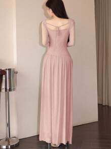 Modelyn 女式网眼系带喇叭袖不对称褶饰优雅约会连衣裙女式正式派对连衣裙 - 粉色 - 查看 2