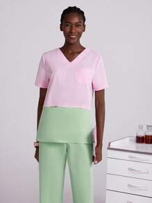 TaskEZ Women Summer Contrast V-Neck Short Sleeve Scrub Sets,Rennaissance,Workwear Nurse Doctor Uniform Top & Straight Leg Pants With Belt Waist Pockets - Pink - View 7