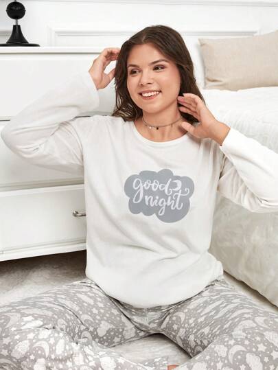 EURMUSE Algodão 2Pcs Plus Size Slogan Impresso Camisa de Manga Longa e Estrela & Nuvem Estampado Fundo Longo PJset