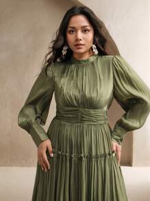 Anewsta 女式加大码长袖连衣裙，腰部褶皱，立领，泡泡袖设计，礼服