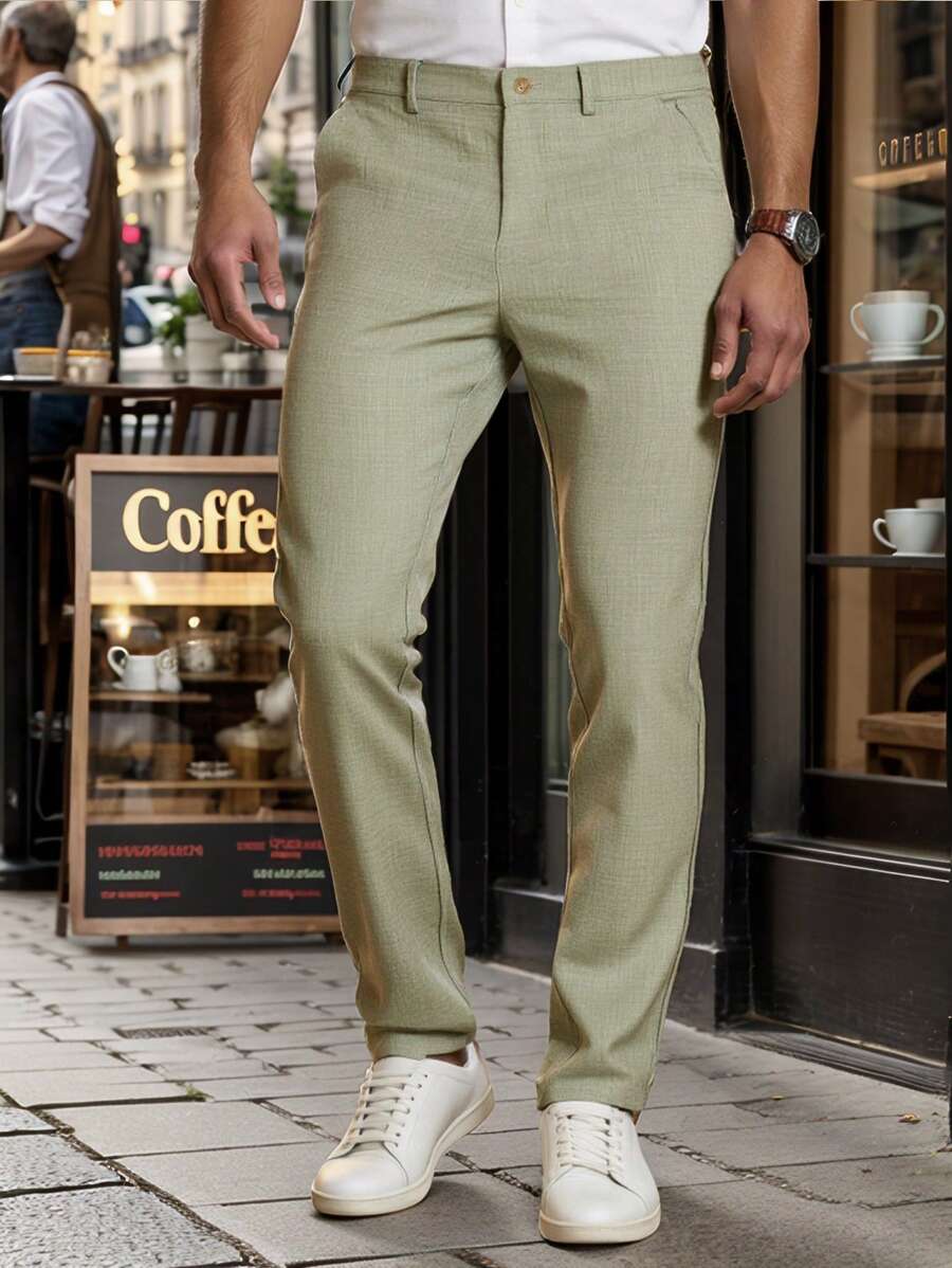 Manfinity Mode Men's Simple Front Button Pocket Casual Suit Pants, For Daily Wear - Green - View 1