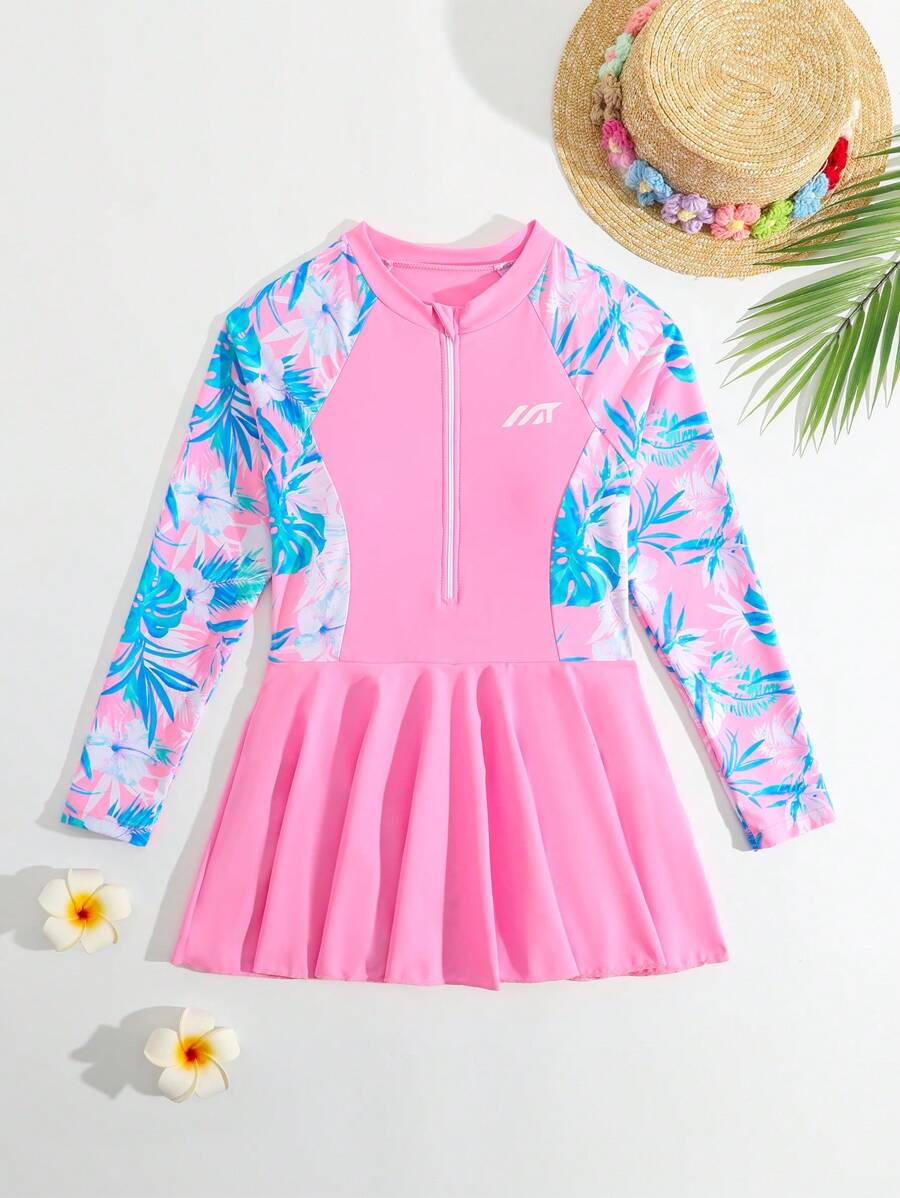 Tween Girl Tropical Print Patchwork One-Piece Swimsuit, Beach Vacation - Baby Pink - View 1