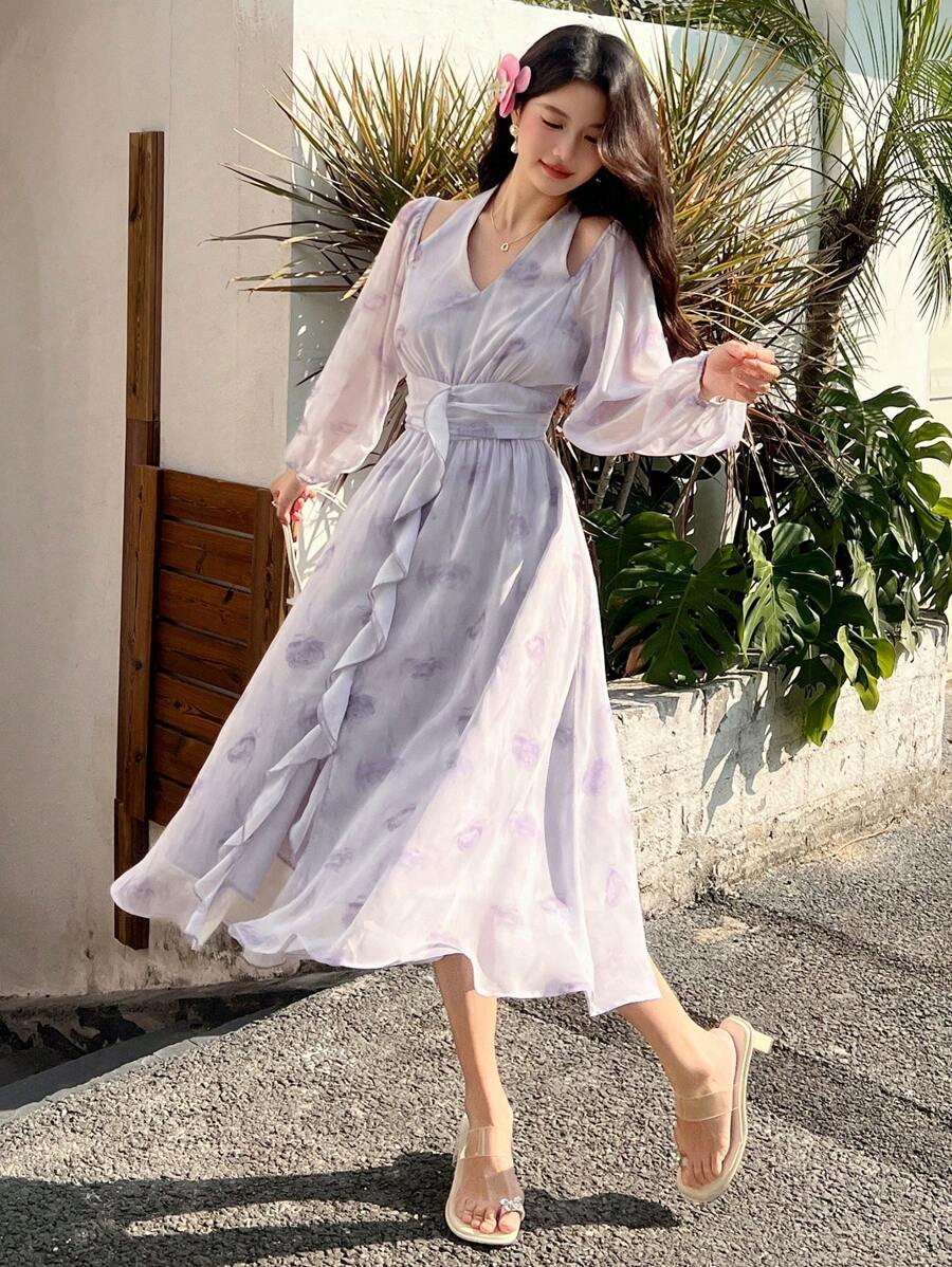 DAZY V-Neck Floral Print Off Shoulder Ruffle Hem Women Midi Dress,Fall Dress Long Sleeve Dress - Purple - View 1