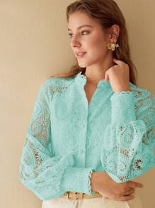 MOTF GUIPIURE LACE RAGLAN SLEEVE BLOUSE - Mint Green - View 4