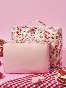 Strawberry Shortcake X SHEIN 3 件装可爱甜美草莓卡通涤纶旅行收纳袋，网状表面，方便整理，适用于多种尺寸的包袋，送礼佳品，适合春夏度假 - 米色 - 查看 3