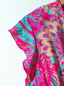 Rusticease 女士休閒印花V領夏季假日連衣裙，帶有飄逸袖口，褶皺腰身和褶皺長度 - 彩色 - 查看 5