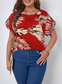 SHEIN LUNE 大码女式热带植物印花圆领短袖休闲衬衫 - 紅色 - 查看 1