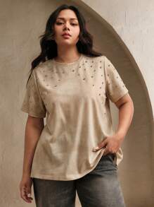 Anewsta 大码女式优雅休闲复古水洗短款 T 恤，夏季 - 杏色 - 查看 6