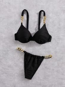 SHEIN 2 Pieces Ruched Chain Black Bikini Swimwear Set, Sexy Black Solid Swimwear For Vacation, Spring For Summer