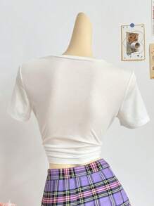 SHEIN 女士 3D 蝴蝶刺绣圆领短袖 T 恤 - 白色 - 查看 4