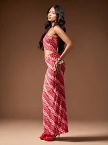 MISSGUIDED 几何钩编露脐上衣和长裙套装，适合节日、海滩度假、夏季假期、泳池派对和圣诞节等场合。 - 紅色 - 查看 5