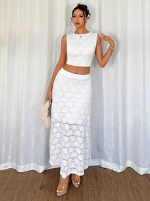 Chiquease Set de 2 piezas de encaje, diseño único de encaje francés calado blanco, conjunto sexy de top corto sin mangas y falda de cola de sirena de cintura alta, estilo de vacaciones francés de conjunto de camiseta de encaje calada y falda de cola de sirena ajustada, conjunto de camiseta de encaje + falda de cola de sirena de cintura baja - Blanco - Ver 3