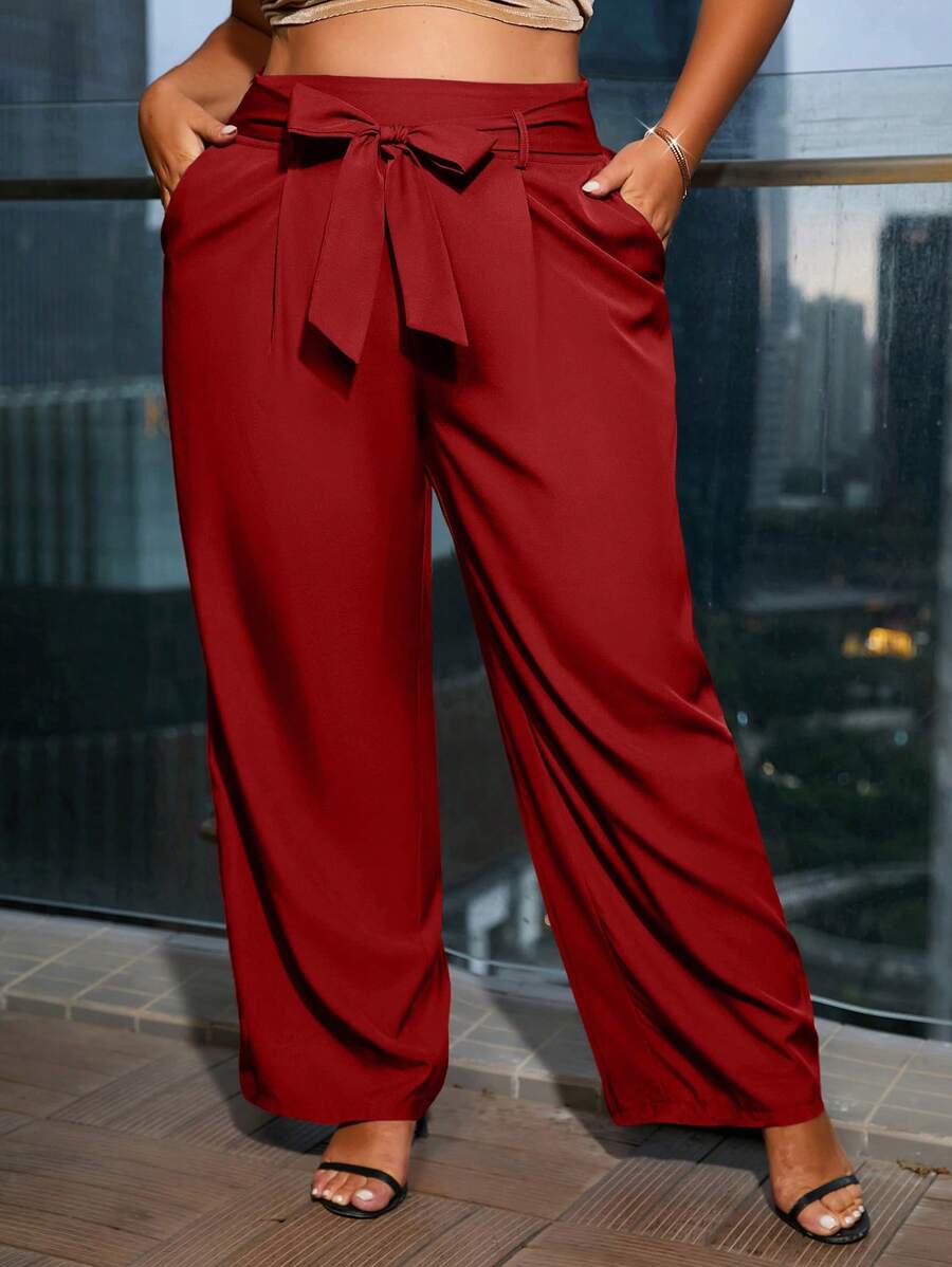 SHEIN SXY 大码纯色休闲裤，夏季时尚 - 紅色 - 查看 1