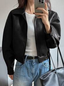 DAZY Spring New Vintage Leather Jacket Short Women Regular Jacket For Valentine's Day,Fall Clothes - Black - View 8