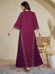 Al Najma Women's Floral Print Patchwork Pleated V-Neck Arabian Style Dress, Modest Kaftan