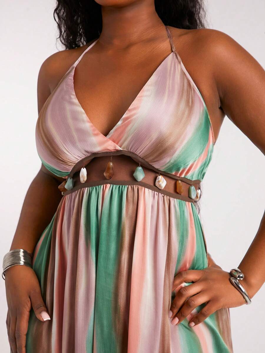 SHEIN SXY 大码女装春夏度假主题手工串珠吊带摆裙，适合日常穿着、音乐节、演唱会、狂欢派对、海滩度假、约会之夜、生日派对、单身派对、夜店、休闲、购物、街头风、外出等场合，易于搭配，显瘦，凸显身材，修饰身形，弹性腰身 - 彩色 - 查看 1