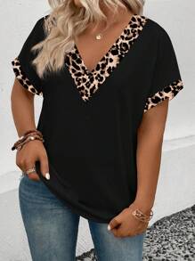 SHEIN Plus Size Casual Leopard Print Patchwork Short Sleeve T-Shirt, Summer