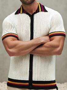 Manfinity Homme Men's Relaxed Fit Contrast Stripe Short Sleeve Knit Top,Polo Shirts For Men Collar,Suitable For Spring/Summer, Daily Wear, Vacation, Wedding, Couple Matching - Apricot - View 6