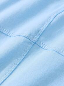 SHEIN Young Girls Short Sleeve Crew Neck Knitted Top Tee, Creative Patchwork Design, Loose Casual Comfortable Cute Solid Color Simple Sports T-Shirt, Summer Daily Versatile Wear - Cadet Blue - View 4